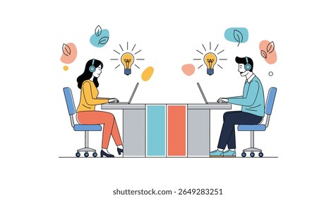 Two people working on laptops with ideas symbolized by lightbulbs above their heads indicating brainstorming and collaboration
