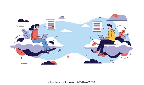 Two people working on laptops sitting on clouds in a blue sky with abstract shapes and smaller clouds around them illustrating remote work and digital connection