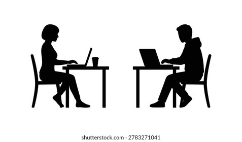 Two people working on laptops at desks black silhouette