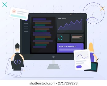 Duas pessoas estão trabalhando em um projeto em um espaço de trabalho digital. Uma pessoa está codificando enquanto a outra analisa os dados em uma tela grande do computador.
