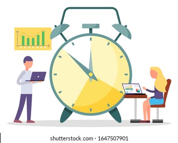 Two people are working on something using laptops. Vector illustration of alarm with deadline clock on background. The diagram shows us dynamics of work flat style. People building business together
