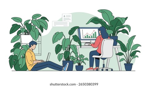 Two people working productively surrounded by lush indoor plants promoting a healthy work environment