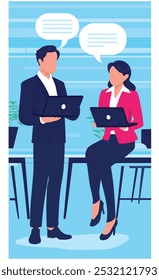 Two people are working - Team of casual business man and woman working on computer and talking together. Flat design vector illustration with white background