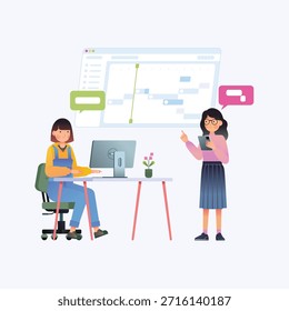 Dos personas que trabajan juntas charlando sobre la planificación y la programación del trabajo, 