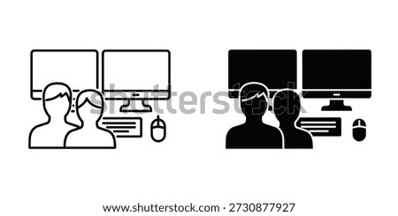 Two people working together at dual computer monitors with keyboard and mouse dual monitors computer screens
