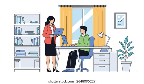 Zwei Personen arbeiten zusammen in einem Büro mit Computer und Schreibtisch
