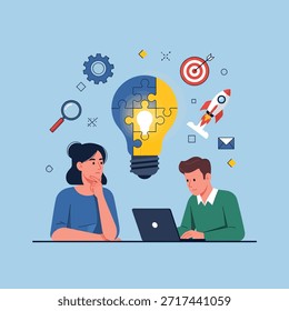 Two people are working together on a laptop, with a large lightbulb symbolizing a new idea, surrounded by business and technology icons.