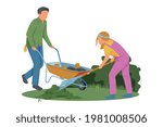 Two people working with wheelbarrow and rake in spring garden flat composition vector illustration