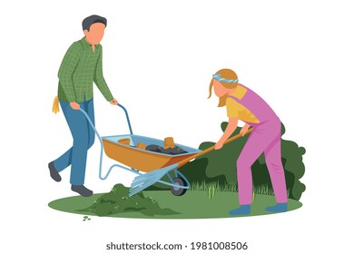 Zwei Personen, die mit Radkarren arbeiten und im Frühjahrsgarten arbeiten, flache Vektorgrafik