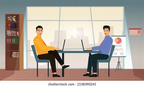 two people working. work from office concept. ready to rig. all separated layers. flat concept. window side work area. office interior 