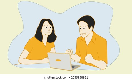 two people wroking together flat design orange illustration