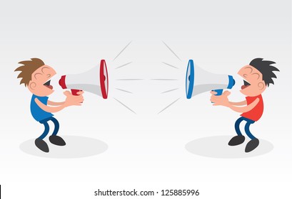 Two people yelling into megaphones