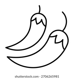 Dos pimientos icono de línea delgada, concepto de comida japonesa. Gráficos de Vector. Par de pimientos calientes, signo de verduras sobre fondo blanco, icono de estilo de contorno para móvil o Diseño web