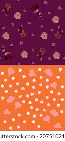 
Two perfectly matched fabrics. Floral petals on orange  backdrop, pink bacopa flowers, dolichos sprigs, tiny purple flowers on deep purple background. Natural print for home clothes, bed linen.