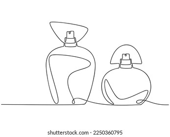 Two perfume bottles set vector one line continuous drawing illustration. Hand drawn linear silhouette icon. Minimal design element for print, banner, card, wall art poster, brochure, postcard.