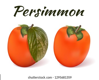 Two persimmons on a transparent background with the inscription. With a green leaf. Juicy, orange fruit. On white background, isolated. Vector illustration.
