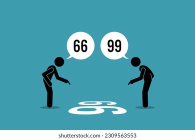 Two person arguing the number on the floor weather it is 66 or 99. Vector illustration depict concept of point of view, viewpoint, different perception perspective, silly argument, and disagreement.