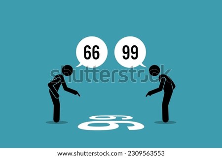 Two person arguing the number on the floor weather it is 66 or 99. Vector illustration depict concept of point of view, viewpoint, different perception perspective, silly argument, and disagreement.