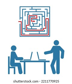 two person businessman work for table with laptop and maze icon 