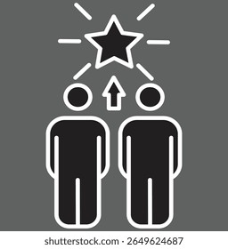 Two person collaboration under rising star icon for digital marketing team success with transparent background