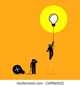 Two person created different ideas but only one is having success, while the other fails. Vector artwork shows the concept of idea success and failure.