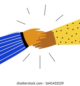 Two person giving five to each other. People celebrate or come to agreement how to achieve results in work. Hope to great deal . Flat doodle illustration in cute cartoon