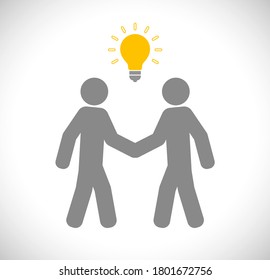 two person handshake with lighbulb idea concept icon