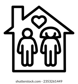Two person at house with heart line icon, social distancing concept, Stay home sign on white background, self isolation in quarantine coronavirus icon outline style. Vector graphics.
