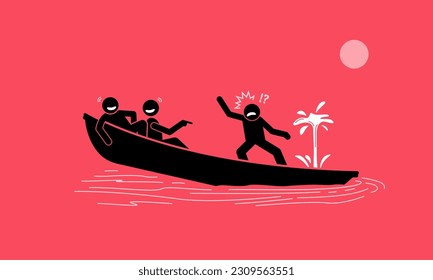 Two person laughing at another man calling for help, while their same boat is leaking water and sinking. Vector illustrations concept  depict ignorant, foolish, naive, stupid, simple minded dumb. 