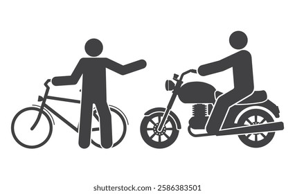 Two person men with bicycle bike and ride classic motorcycle icon