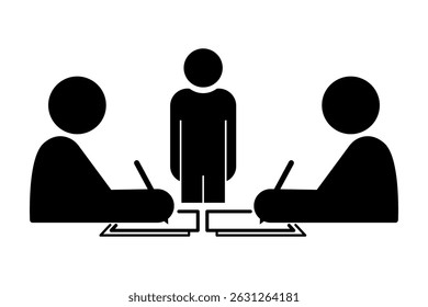 Two person signing a divorce deal with mediator standing between them icon symbol