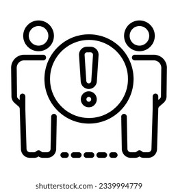 Two person standing at distance line icon, social distancing, covid-19 concept, Keep distance with attention sign on white background, No crowd and warning sign in outline style. Vector