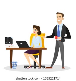 Two person talking on the office . Girl sitting at the desk and ask for help. Colleagues work together. Isolated vector illustration in cartoon style