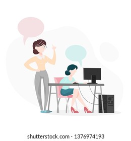 Two person talking on the office. Woman sitting at the desk and ask for help. Colleagues work together. Isolated vector illustration in cartoon style