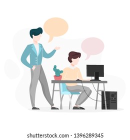 Two person talking on the office. Man sitting at the desk and ask for help. Colleagues work together. Isolated vector illustration in cartoon style