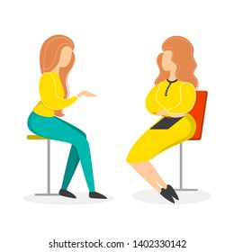 Two person talking on the office. Woman ask for help. Colleagues work together. Isolated vector illustration in cartoon style