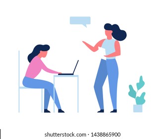 Two person talking on the office. Woman sitting at the desk and ask for help. Colleagues work together. Isolated vector illustration in cartoon style