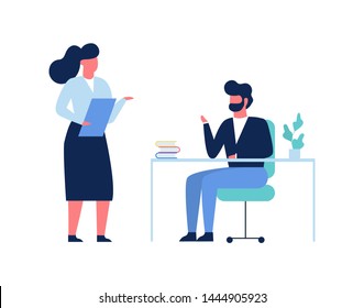 Two person talking on the office. Woman standing at the desk and ask for help. Colleagues work together. Manager in suit. Isolated vector illustration in cartoon style