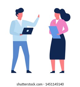 Two person talking on the office. Man with laptop ask for help. Colleagues work together. Isolated vector illustration in flat style