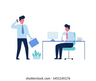 Two person talking on the office. Man sitting at the desk. Colleagues work together. Isolated vector illustration in flat style