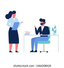 Two person talking on the office. Woman standing at the desk and ask for help. Colleagues work together. Manager in suit. Isolated vector illustration in cartoon style