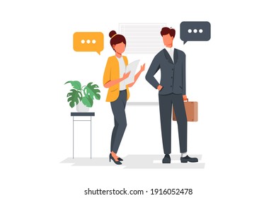 Two person talking on the office. Woman talk with boss. Colleagues work together. Manager in suit. Isolated vector illustration in cartoon style
