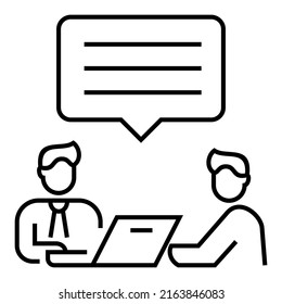 Two person talking, presenting and discussing. Bubble chat, laptop with question mark icon design vector symbol illustration.