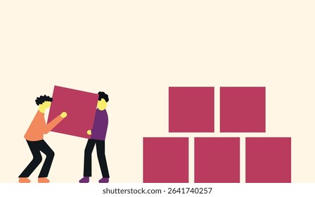 Two person together arranging blocks, teamwork illustration