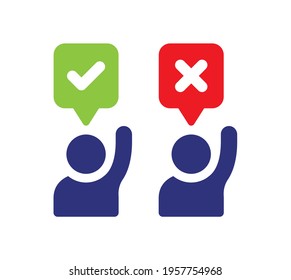 Two person vote by raised hand with speech bubble agree and disagree. Vector icon illustration.
