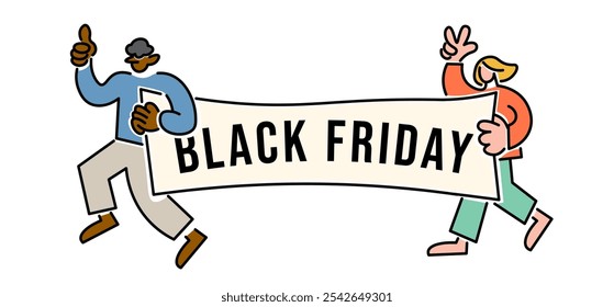 two person walk with a black friday's banner in flat style in vector. Illustration for banner sticker poster print