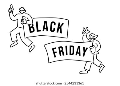 two person walk with a black friday's banners in flat line style in vector. Illustration for banner sticker poster print