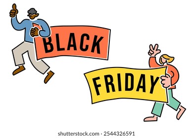 two person walk with a black friday's banners in flat style in vector. Illustration for banner sticker poster print