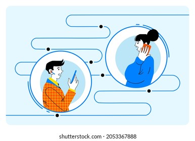 Two persones man and woman communicate with smartphones
