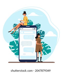 Two persons chat by mobile phone. Pretty women. Smartphone communication concept. Vector illustration.